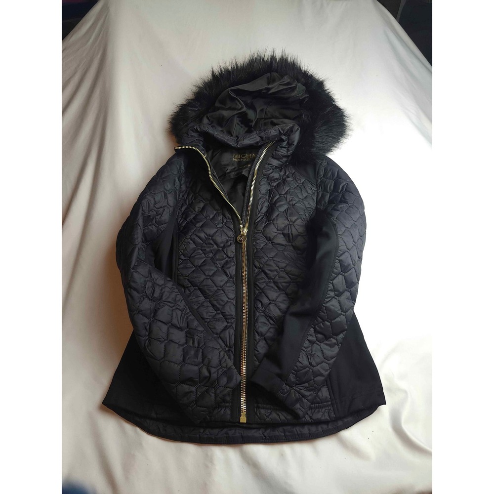 Michael Kors Black Quilted Faux Fur Trim Hooded Jacket Small Gold Hardware Women